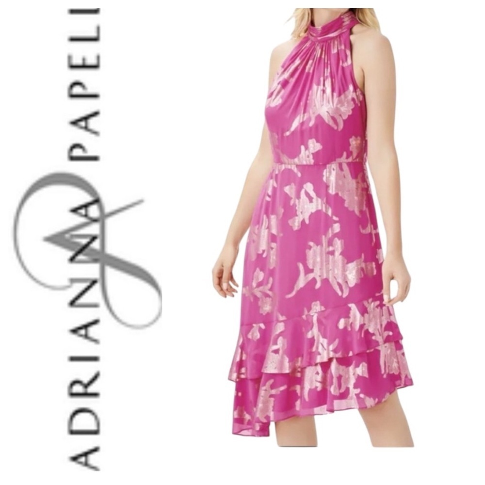 Adrianna Papell Pink Metallic Floral Halter Asymmetrical Midi Dress $179 NWT